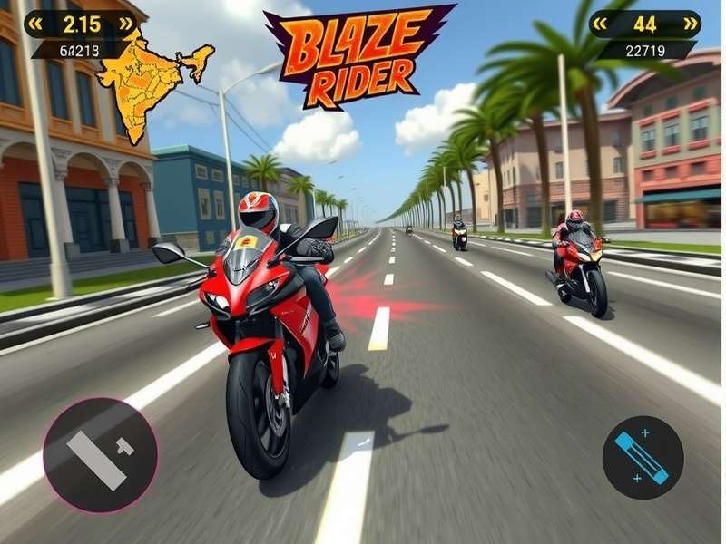 Blaze Rider gameplay screenshot showing motorcycle racing through Indian streets